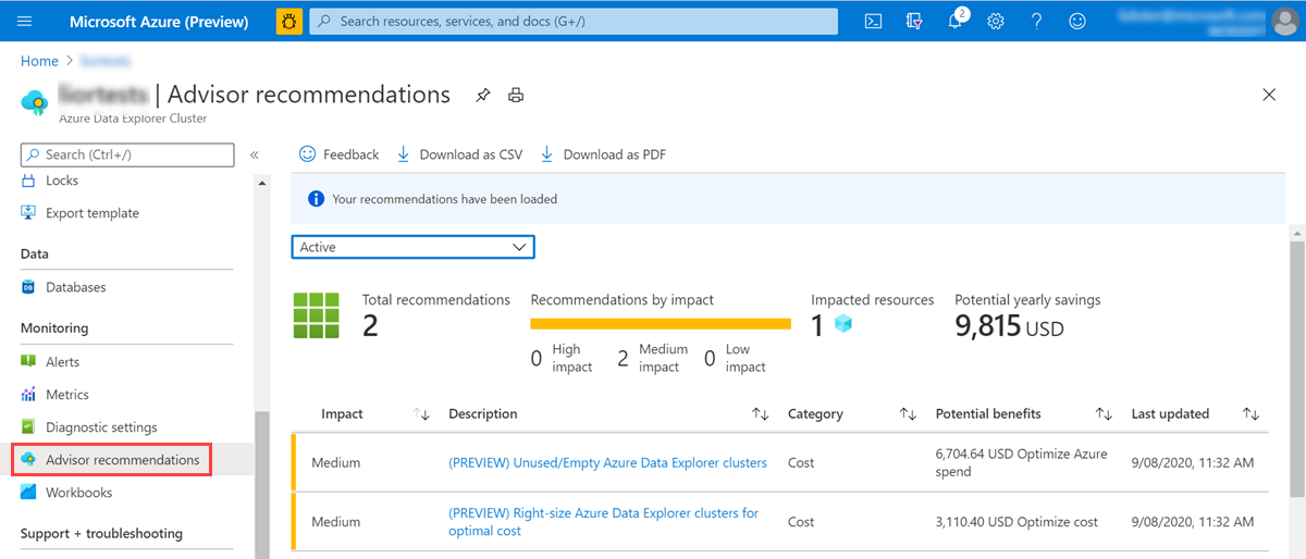 Azure Data Explorer クラスターについての Azure Advisor の推奨事項。