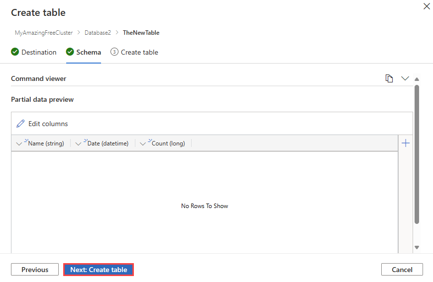 Azure Data Explorer でのスキーマ入力を含む空のテーブルの作成ウィザードのスクリーンショット。