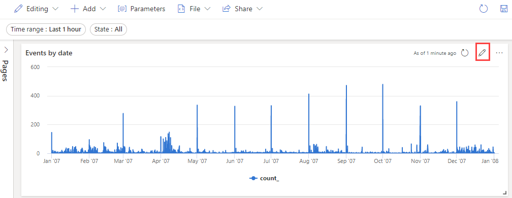 Azure Data Explorer Web UI のダッシュボードでタイルを編集する方法のスクリーンショット。