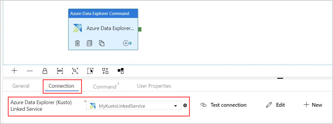 Azure Data Explorer の [コマンド アクティビティの接続] タブ。