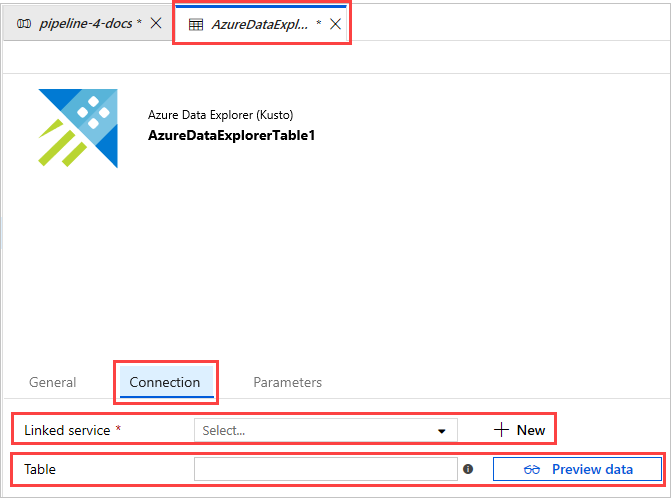 Azure Data Explorer データセットのプロパティを編集する。