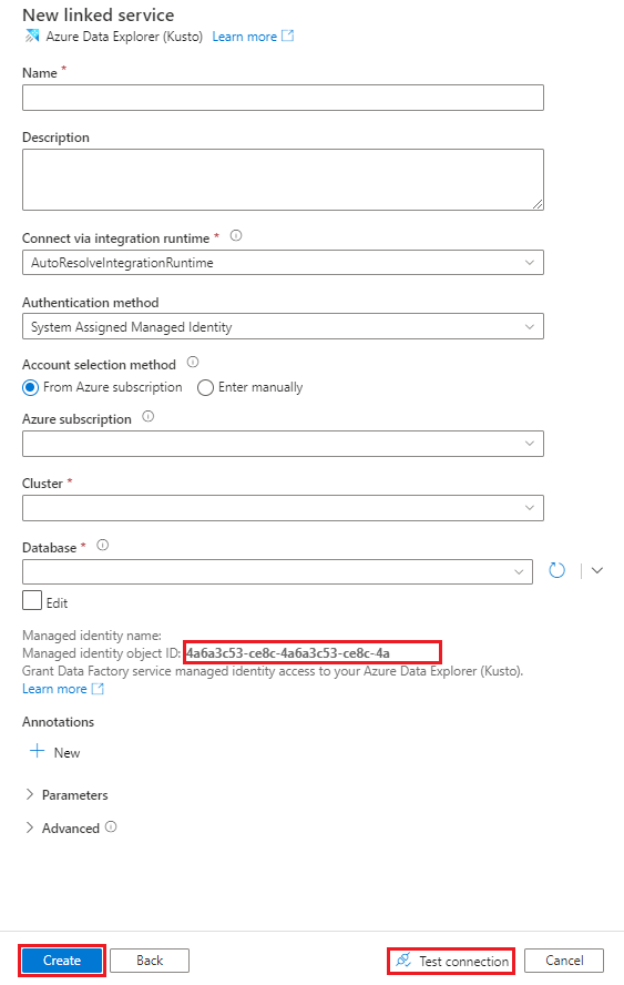 Azure Data Explorer の [New Linked Service]\(新しいリンクされたサービス\) ウィンドウ。