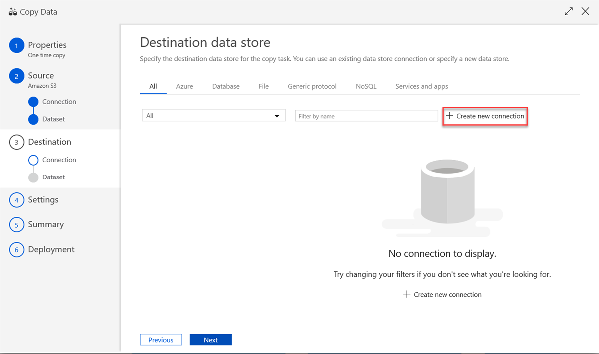 [Destination data store]\(コピー先データ ストア\) ウィンドウ。