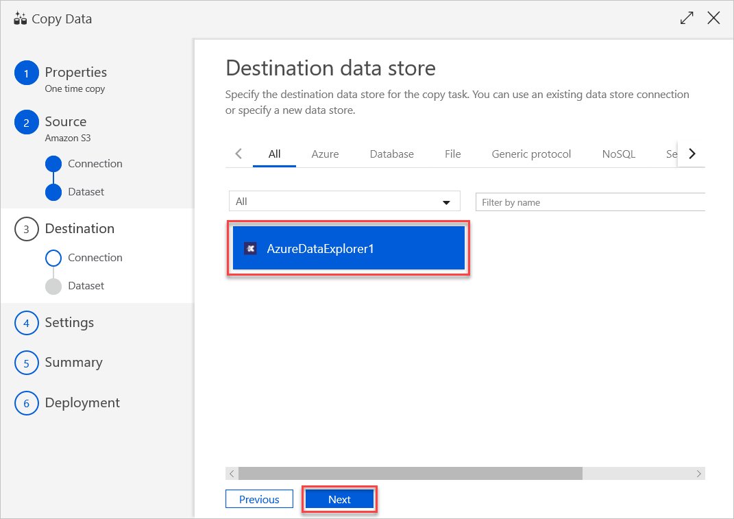 Azure Data Explorer の [Destination data store]\(コピー先データ ストア\) ウィンドウ