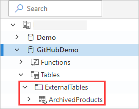 Azure Data Explorer Web UI の外部テーブルのスクリーンショット。