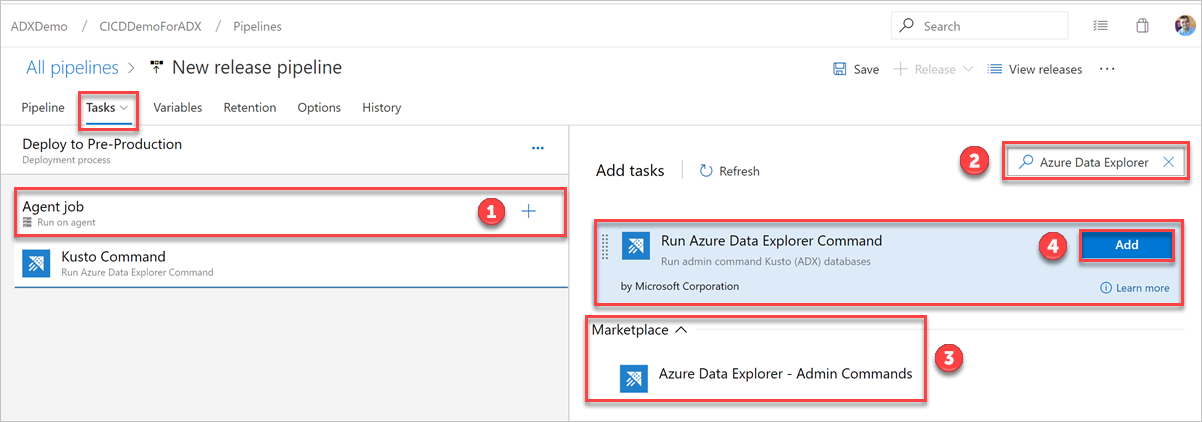 Azure Data Explorer 管理者コマンドを追加する方法を示すスクリーンショット。