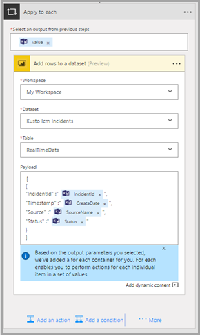 各行の Power BI アクションのスクリーンショット。