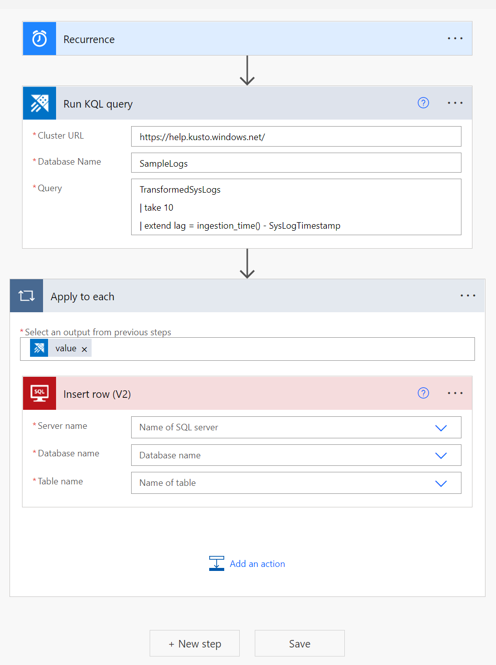 コネクタを使用したデータのクエリを示す SQL コネクタの Power Automate スクリーンショット。