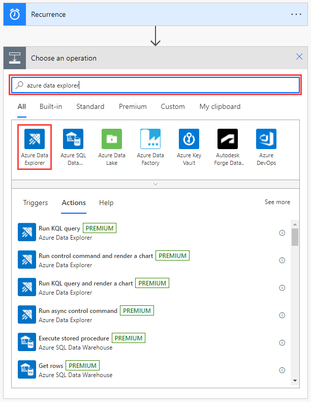 [操作を選択してください] ウィンドウのスクリーンショット。検索ボックスと Azure Data Explorer が強調表示されています。