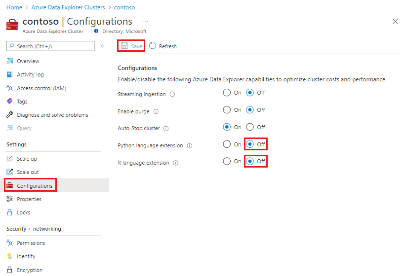 言語拡張機能を無効にする Azure Data Explorer ポータル クラスター構成のスクリーンショット。