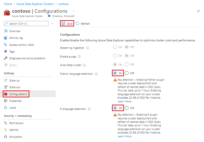 言語拡張機能の有効化オプションを示す Azure Data Explorer クラスター構成ページのスクリーンショット。