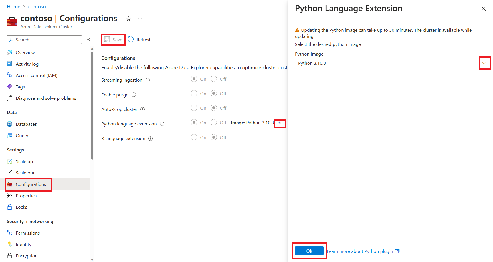 Python 言語拡張機能の編集ボタンとイメージの選択を示す Azure Data Explorer クラスター構成ページのスクリーンショット。