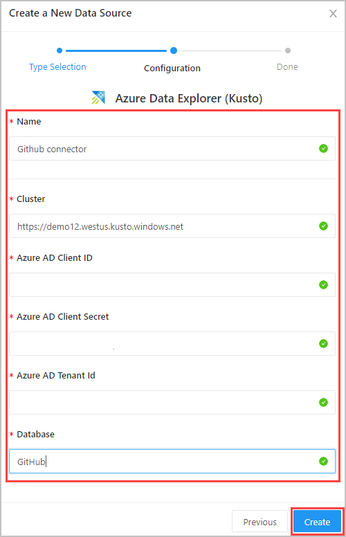 Azure Data Explorer (Kusto) の設定ウィンドウ。