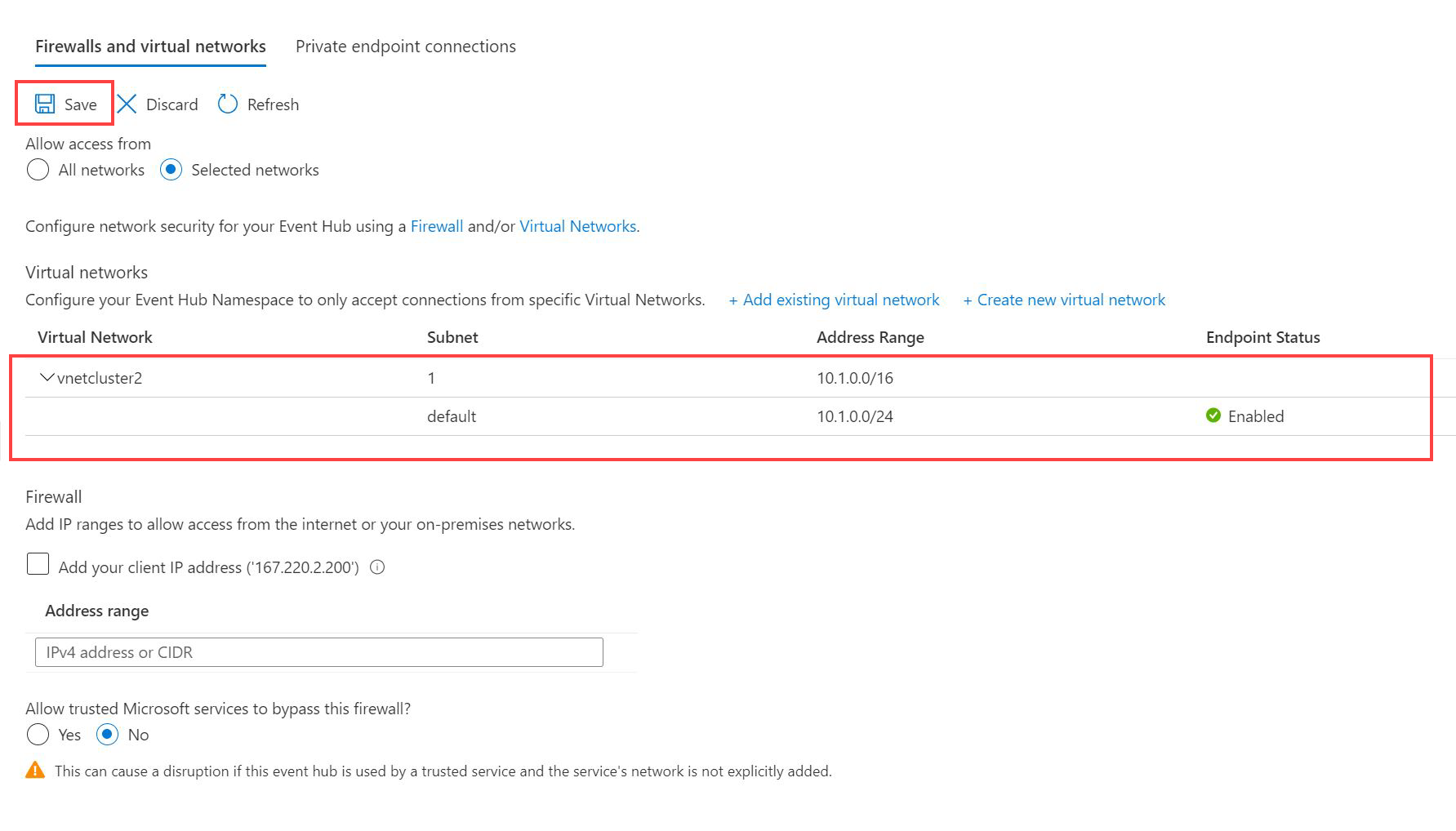 イベント ハブで仮想ネットワークとサブネットを追加して、Azure Data Explorer に接続する。