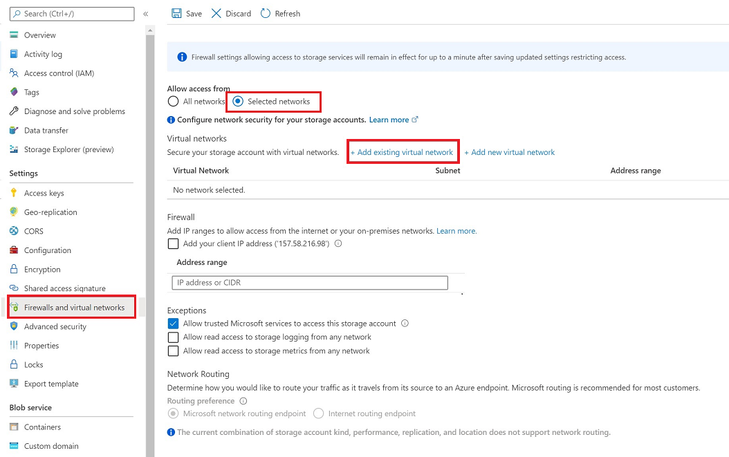 既存の仮想ネットワーク接続 Azure Storage を Azure Data Explorer に追加する。