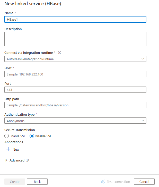 Hbase のリンク サービスの構成のスクリーンショット。