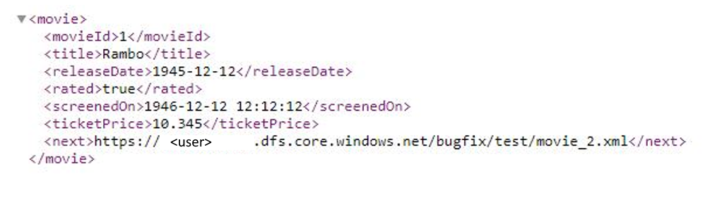 応答形式が XML で、次の要求 URL が応答本文からのものであることを示すスクリーンショット。