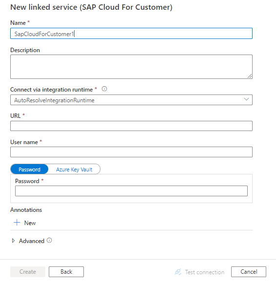SAP Cloud for Customer にリンクされたサービスを構成します。