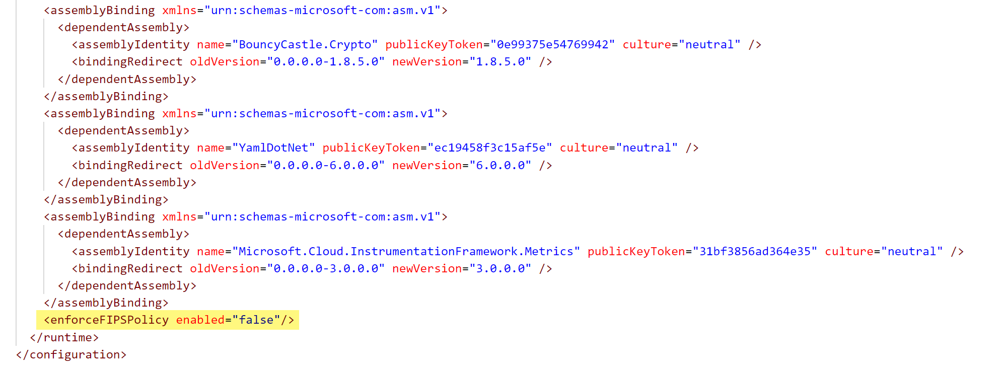 FIPS が無効になっていることを示す、diawp.exe.config ファイルのセクションのスクリーンショット。