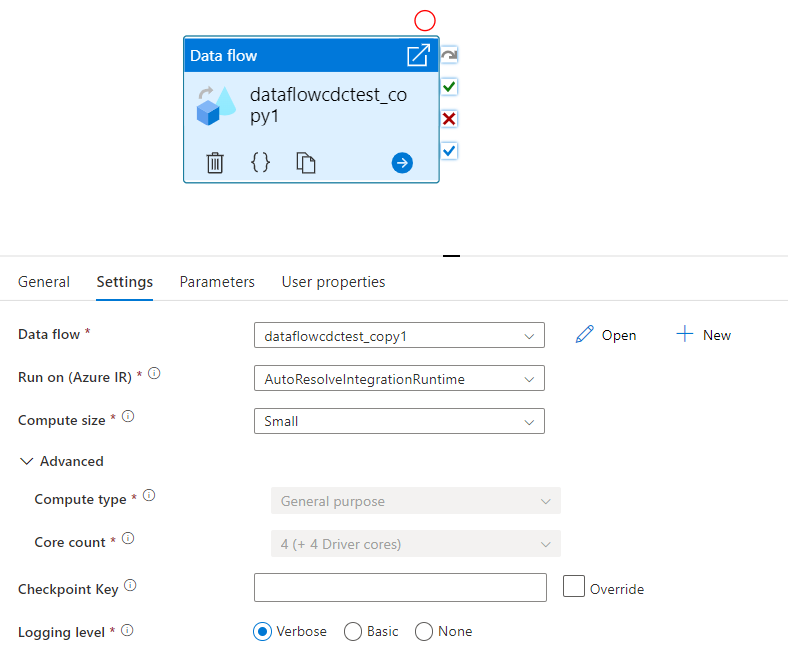 Data Flow アクティビティの UI とチェックポイント キーを示している。