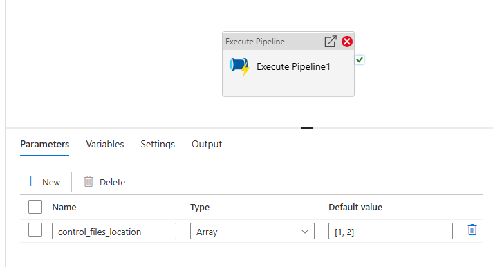 Execute Pipeline アクティビティのパラメーターを示すスクリーンショット。