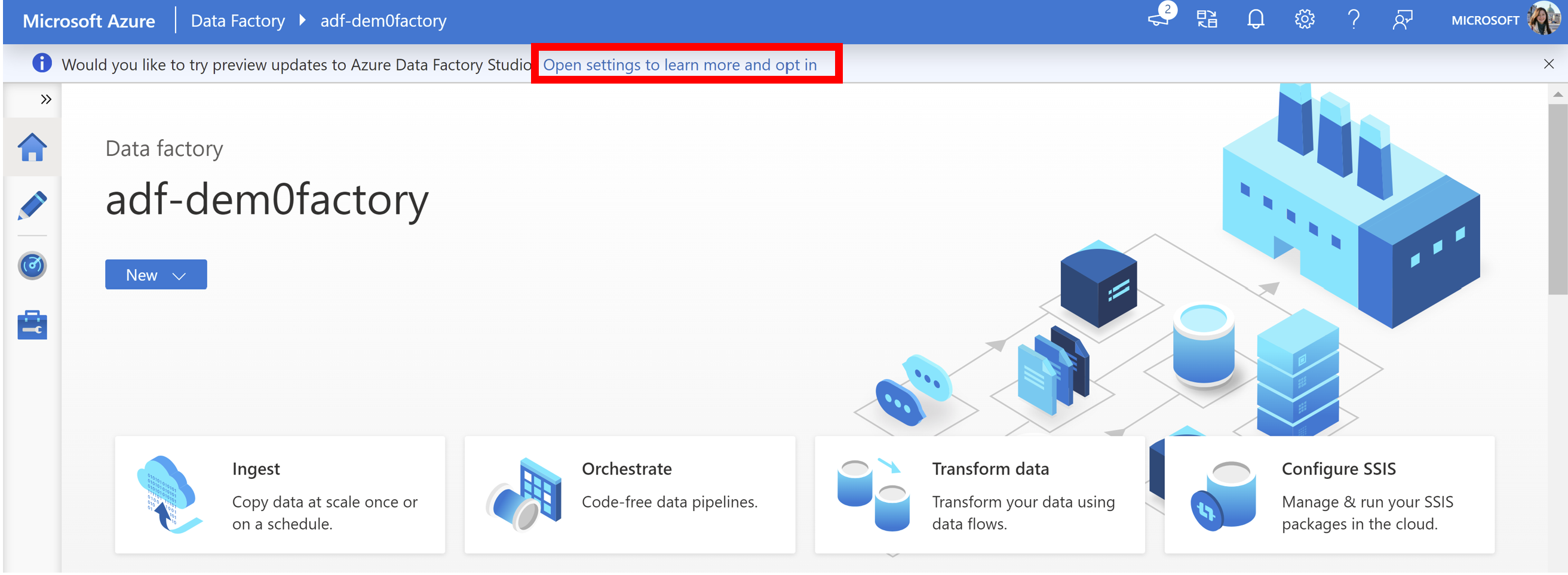 画面の上部のバナーにオプトイン オプションを含む Azure Data Factory ホーム ページのスクリーンショット。