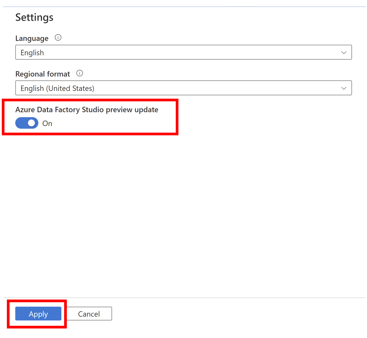 Screenshot of Settings panel showing Azure Data Factory Studio プレビュー アップデートがオンになり、左下に [適用] ボタンが示されている [設定] パネルのスクリーンショット。