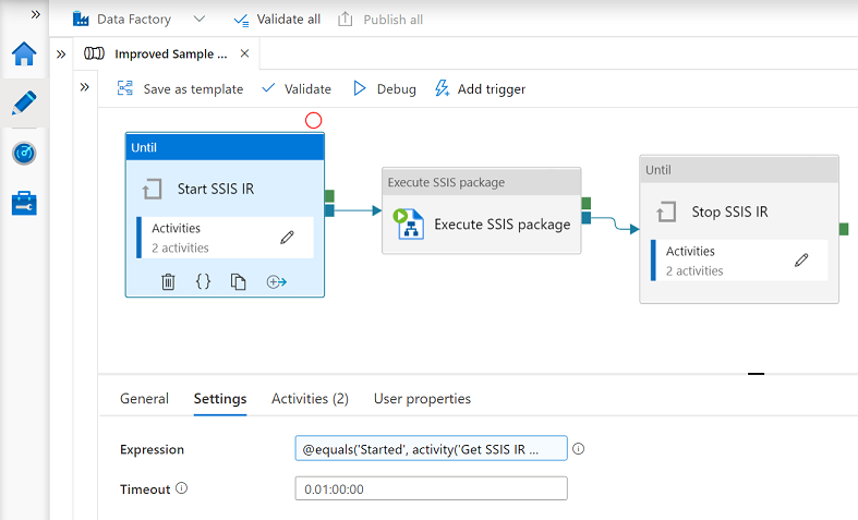 SSIS IR を開始および停止する Web アクティビティを示すスクリーンショット。