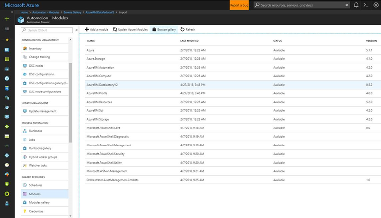 Data Factory モジュールがモジュール リストに表示されていることを確認するスクリーンショット。