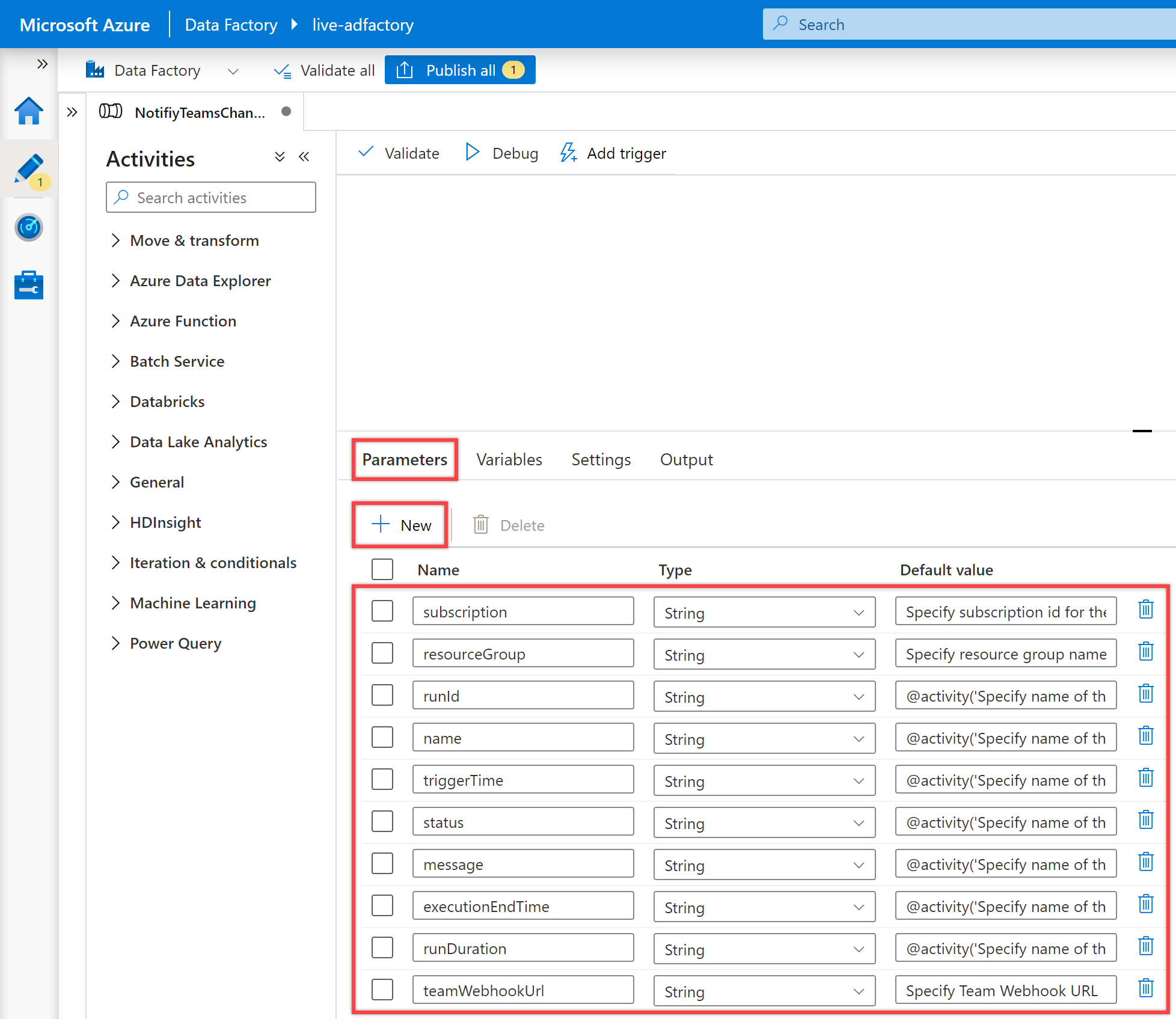 Shows the "Pipeline parameters".