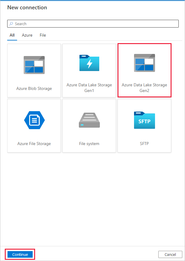 Azure Data Lake Storage Gen2 接続を選択するページを示すスクリーンショット。
