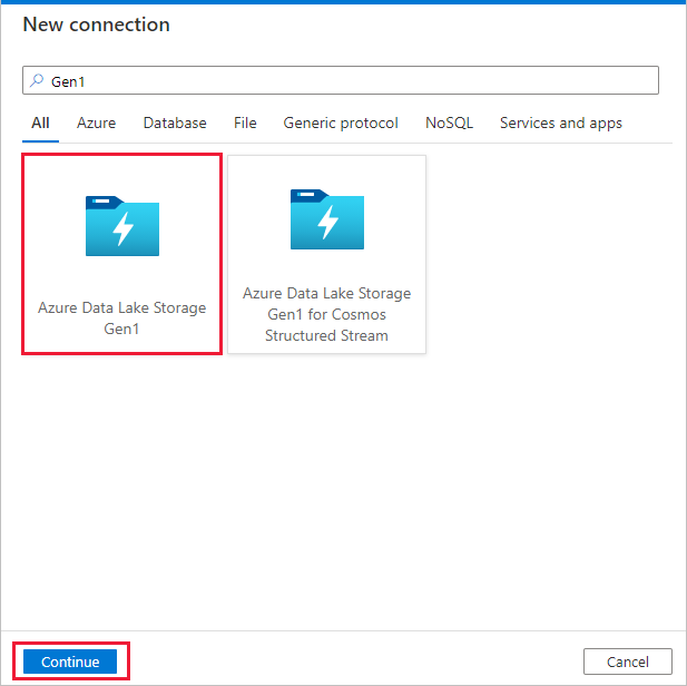 Azure Data Lake Storage Gen1 接続を選択するページを示すスクリーンショット。