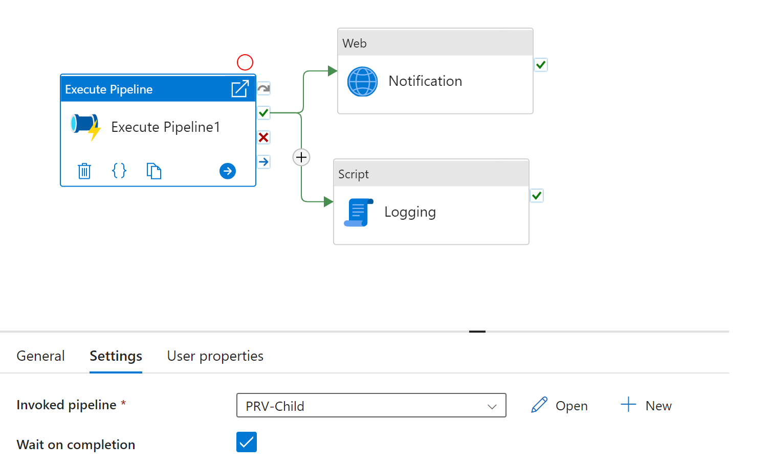 完了を待機するように ExecutePipeline アクティビティを設定するスクリーンショット。