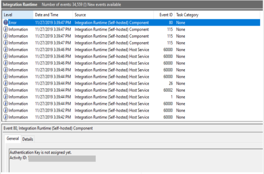 認証キーがまだ割り当てられていないことを示す統合ランタイムのイベント ペインのスクリーンショット。
