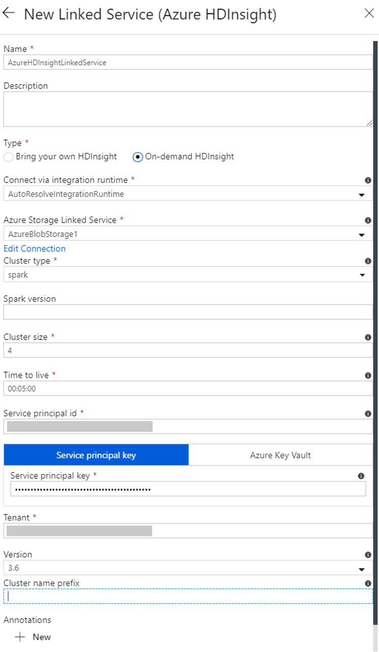 HDInsight のリンクされたサービスの設定