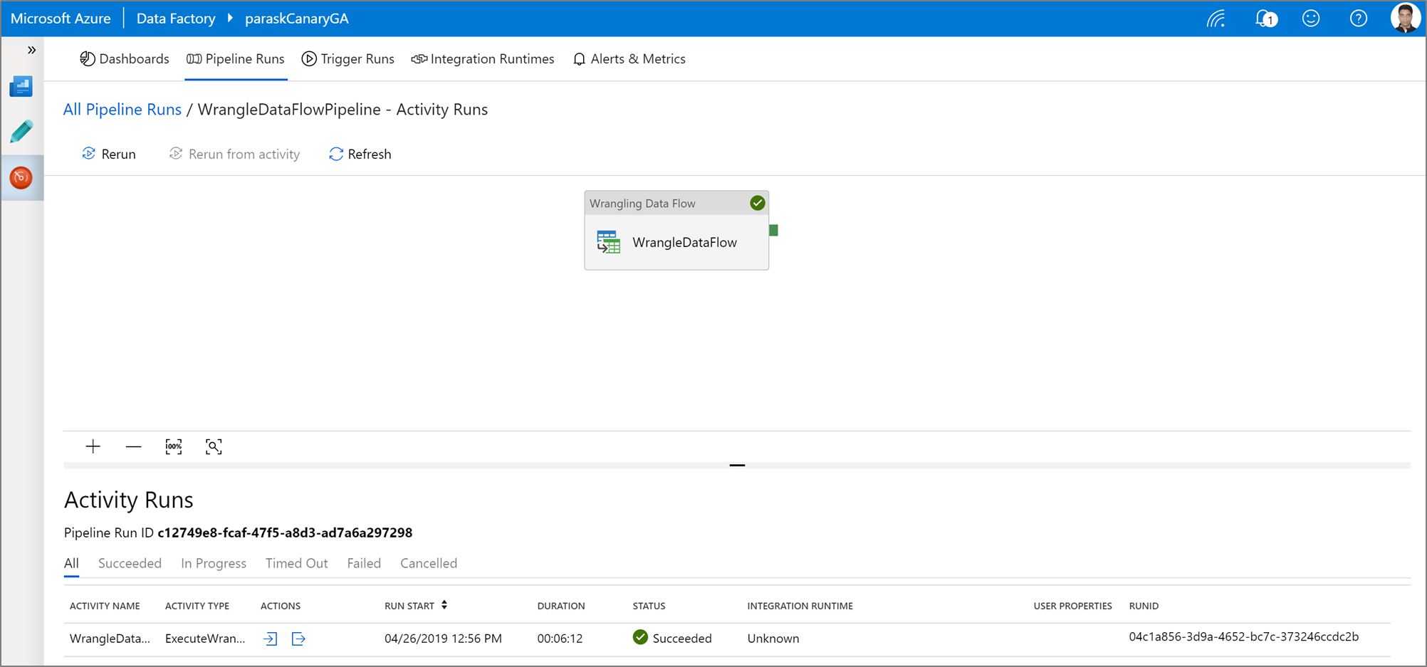 Screenshot that shows the output of a triggered wrangling Power Query activity run.