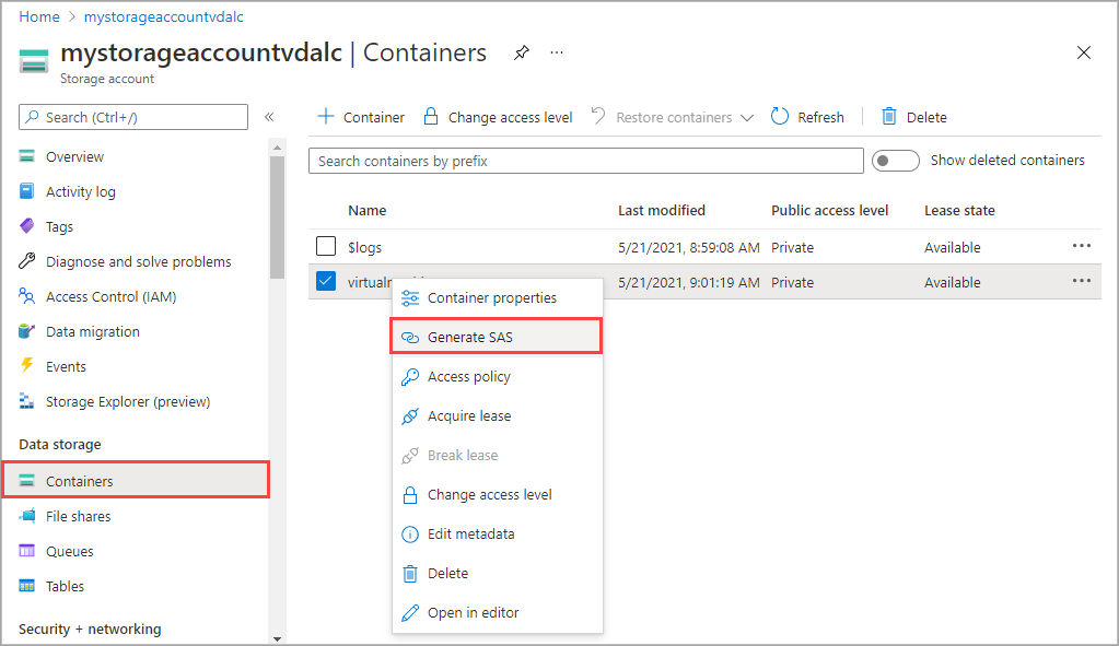 Azure portal での BLOB コンテナーの [SAS の生成] オプションのスクリーンショット