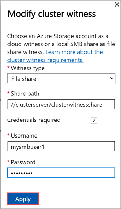 1 つ目のノード上の [Modify cluster witness](クラスター監視の変更) ブレードでローカルの監視の種類が選択されたローカル Web UI の [クラスター] ページ