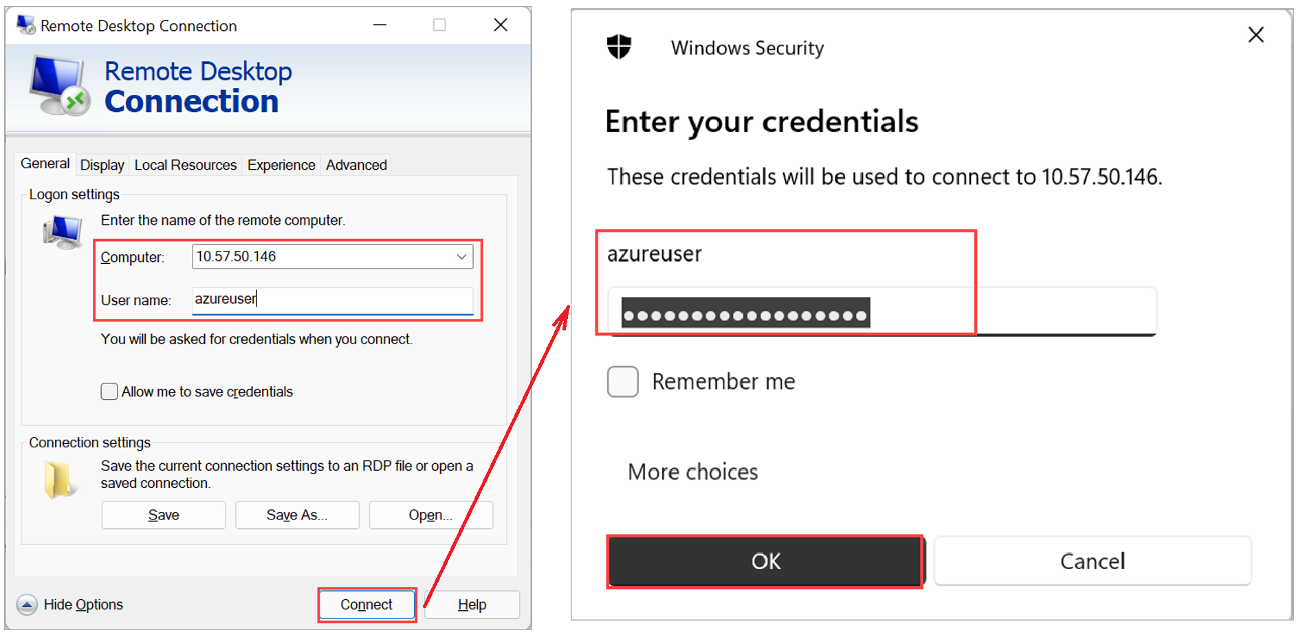 Screenshot of the Remote Desktop Connection dialog to connect to a VM.