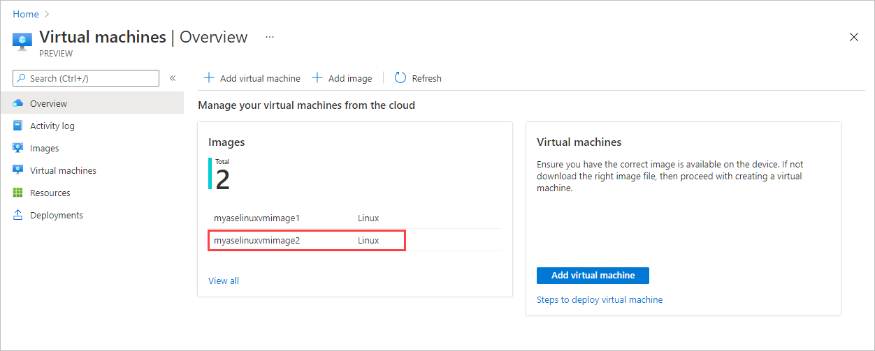 Azure Stack Edge デバイスの [仮想マシン] の [概要] ペインを示すスクリーンショット。新しく追加された VM イメージが強調表示されています。