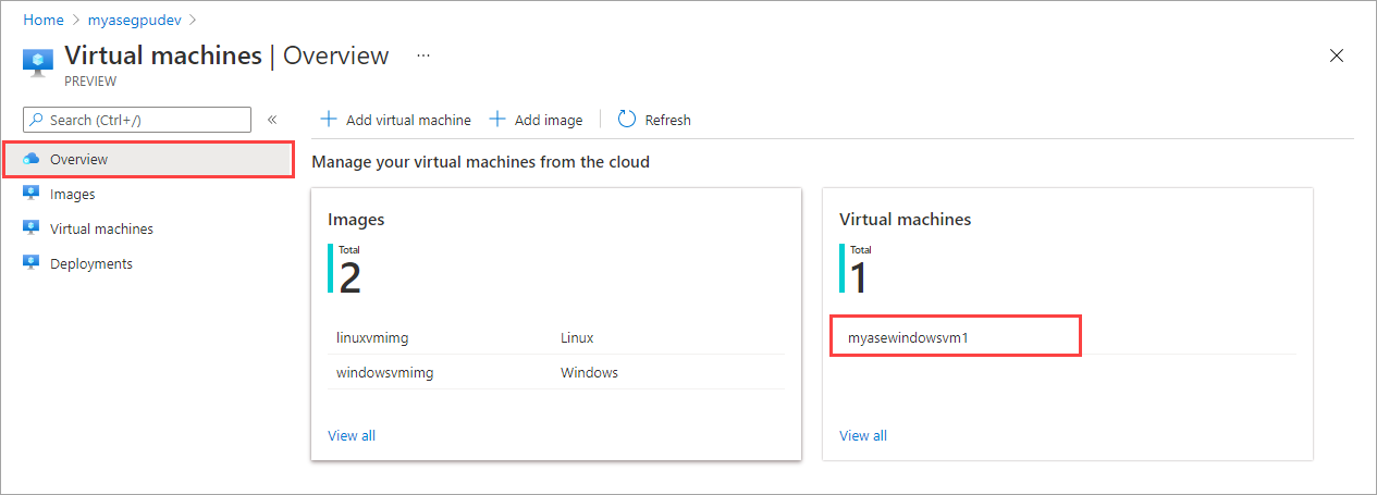 Azure Stack Edge デバイスの [仮想マシン] の [概要] ペインを示すスクリーンショット。新しい仮想マシンがリストで強調表示されています。