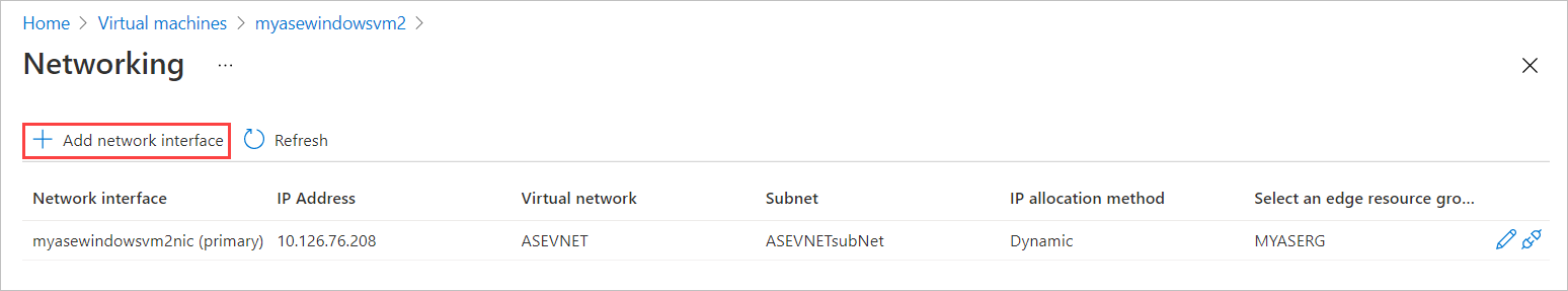 Screenshot showing the Networking blade for a virtual machine. The Plus Add Network Interface button is highlighted.