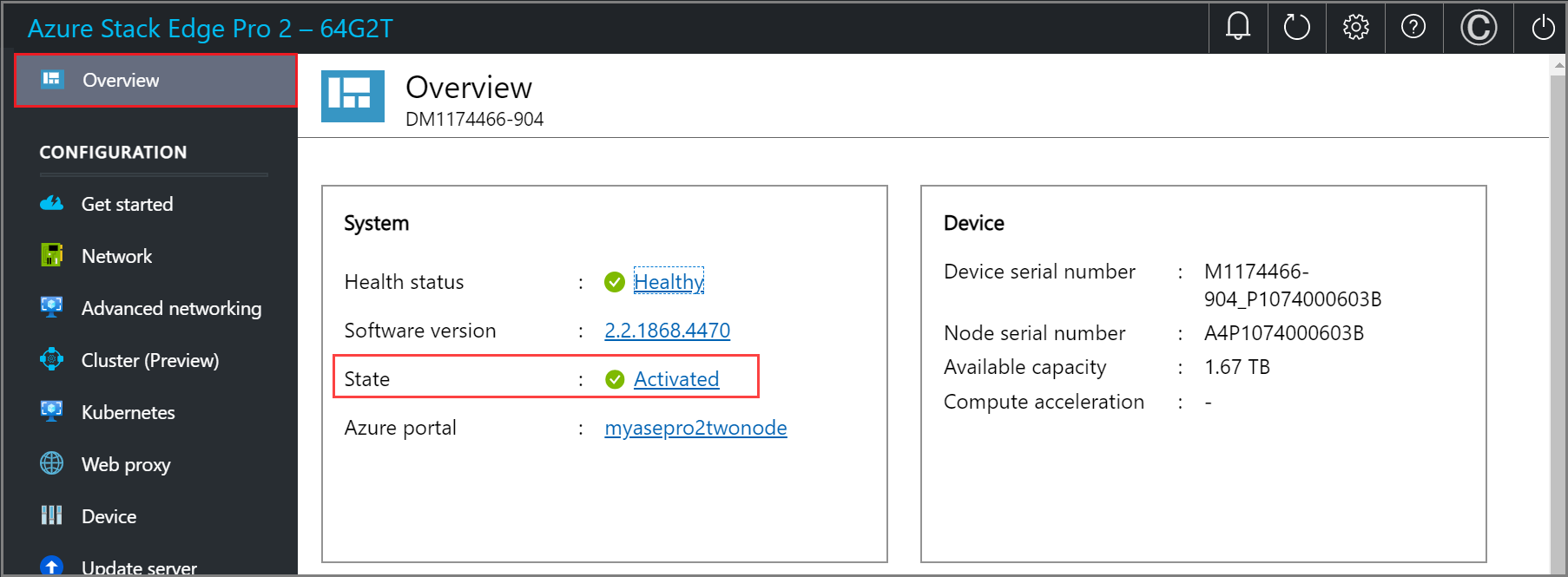 [State] が強調表示されているローカル Web UI の「Overview」ページのスクリーンショット。