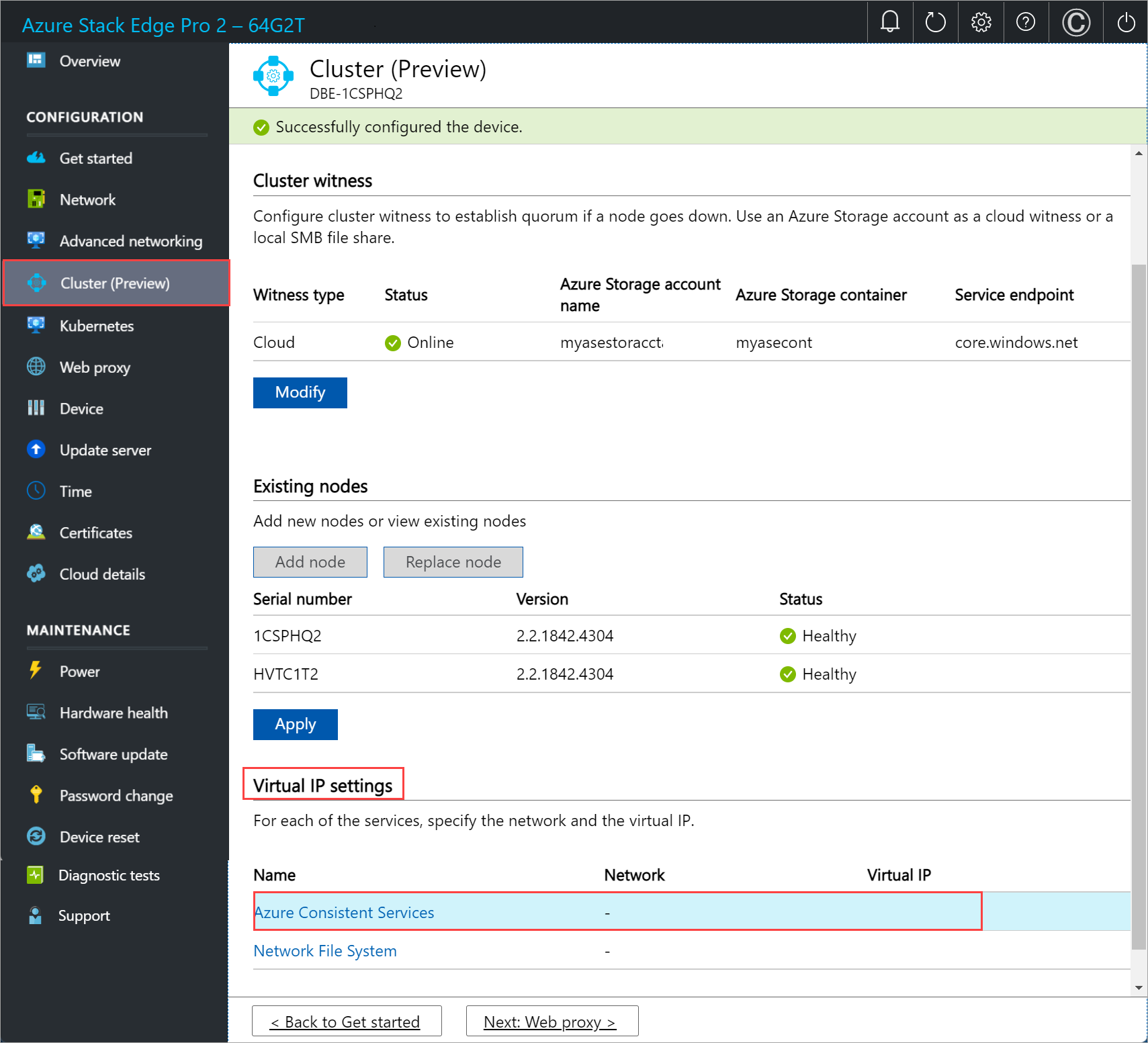 1 つ目のノード上の [仮想 IP の設定] で [Azure 整合サービス] が選択されているローカル Web UI の [クラスター] ページのスクリーンショット。