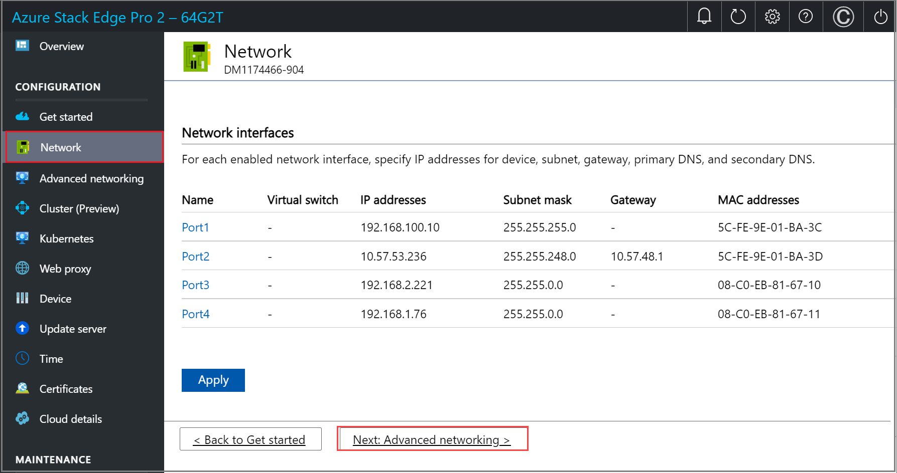 ネットワークが構成されている Azure Stack Edge デバイスのローカル Web UI の [ネットワーク] ページのスクリーンショット。