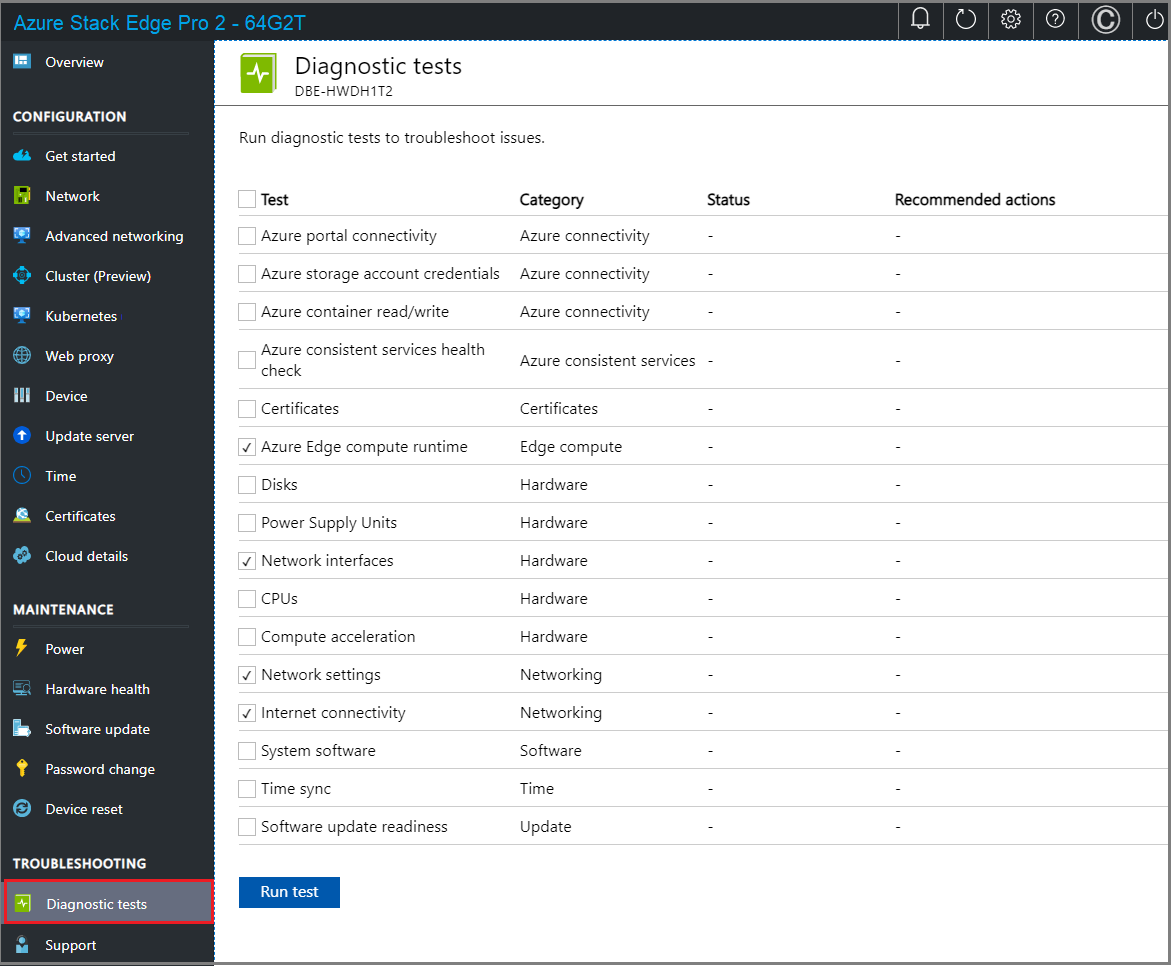 Azure Stack Edge デバイスのローカル Web UI の [Diagnostic tests] (診断テスト) ページのスクリーンショット。