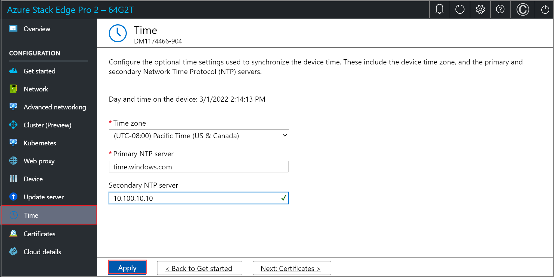 Azure Stack Edge デバイスのローカル Web UI の [時刻] ページのスクリーンショット。[適用] ボタンが強調表示されています。