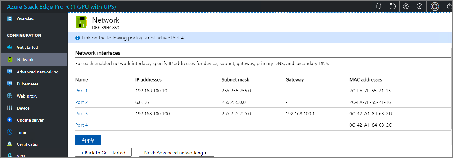 ローカル Web UI の [ネットワーク設定] ページ