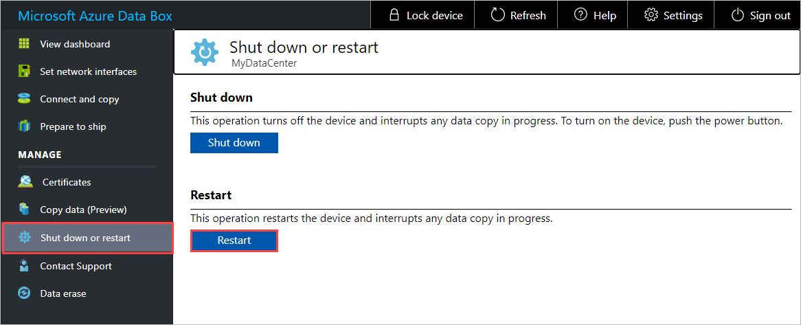 Shut down or restart the local web UI after reverting certificates on a Data Box device