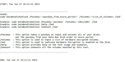 Data Box Disk ロック解除ユーティリティ ヘルプ コマンドからのサンプル出力を表示する画面キャプチャ。